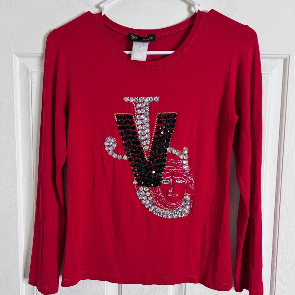 Y2K 90's Versace Graphic Top Women S Red Medusa Crystal Logo Long Sleeve Italy